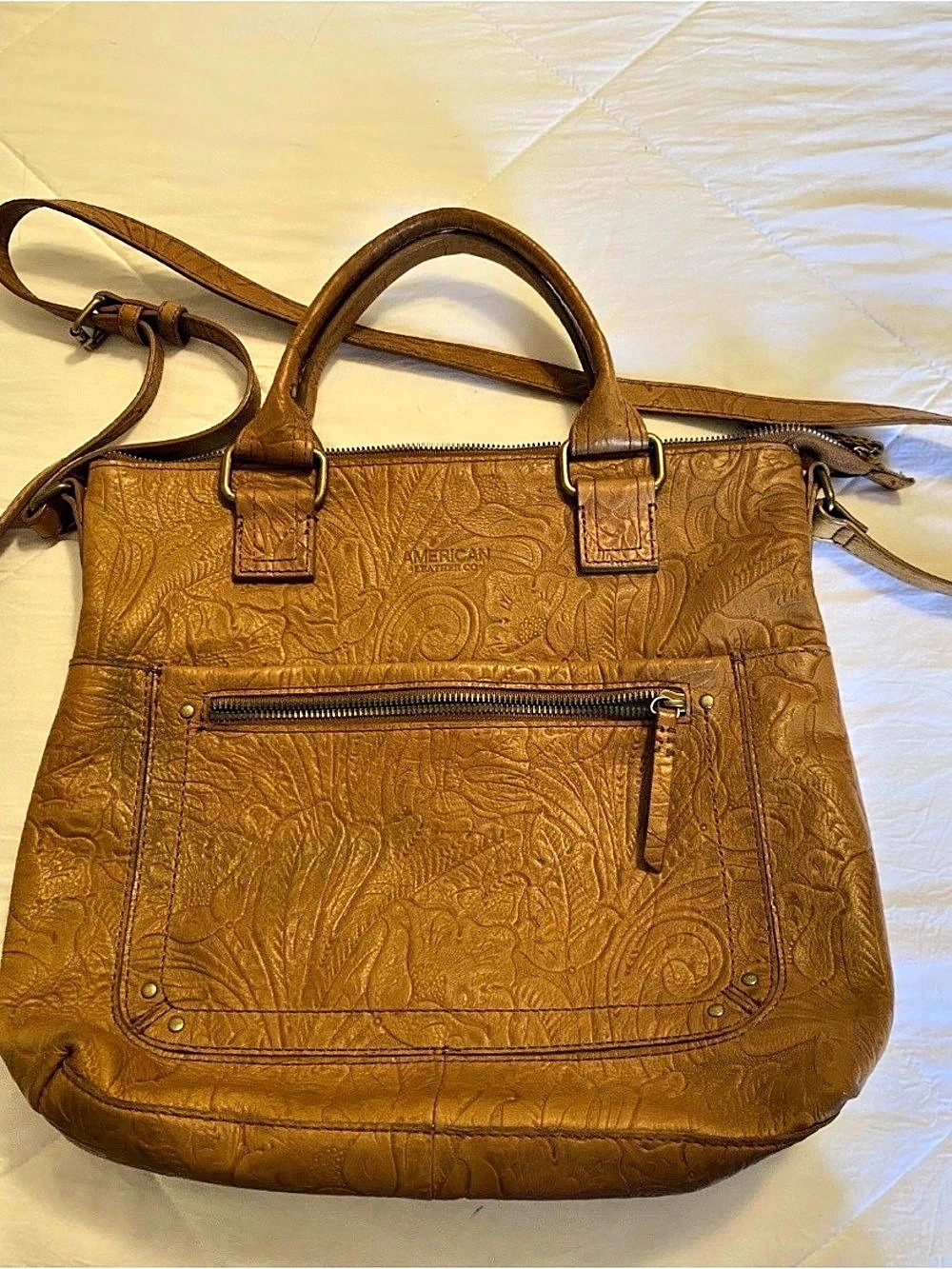 American Leather Co. Embossed Leather Tote in Camel Brown